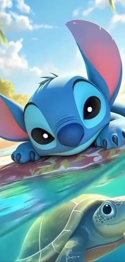 Cheerful blue cartoon with a tropical backdrop.