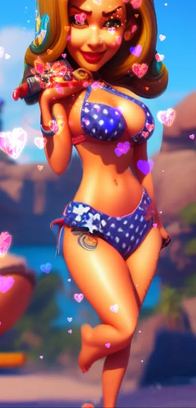 Cartoon girl in bikini with pink hearts on beach.