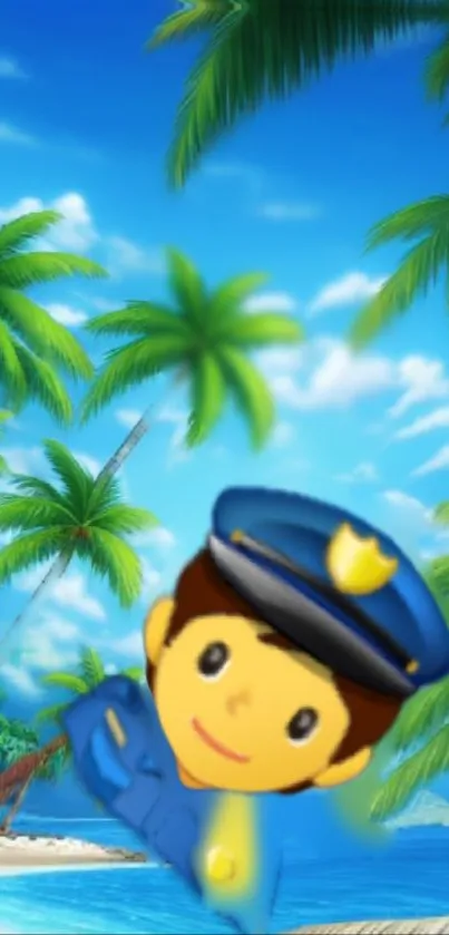 Cartoon police emoji on a tropical beach with palm trees.