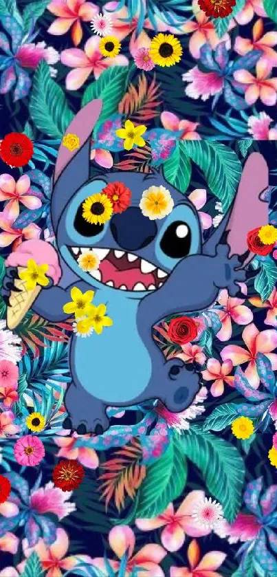 Playful blue cartoon character on a vibrant tropical floral background.