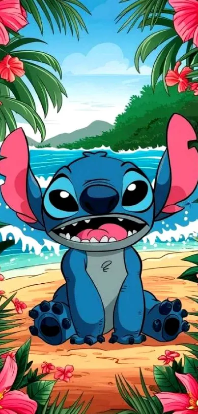 Cartoon character on a tropical beach with pink flowers and blue ocean.