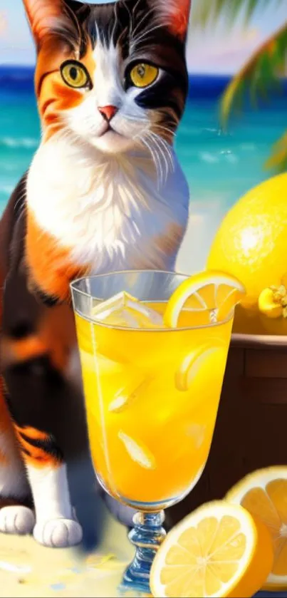 Cat by the beach with lemon drink and sunset background.