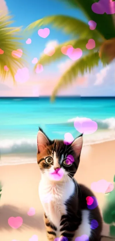 Cute kitten on tropical beach with pink hearts and ocean backdrop.