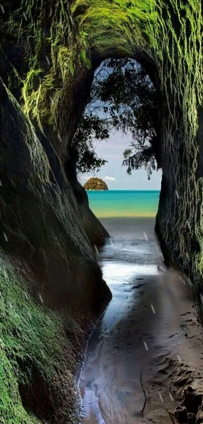 Tropical cave leading to a turquoise beach view, surrounded by lush greenery.