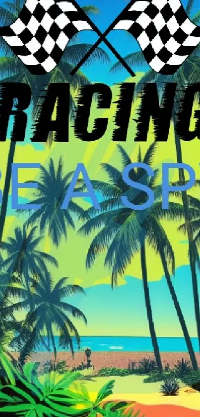 Tropical racing wallpaper with palm trees and checkered flags on a vibrant beach.