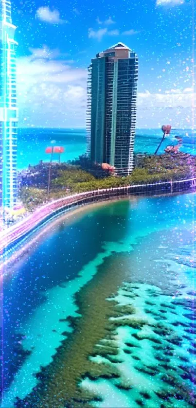 Tropical cityscape with turquoise waters and skyscrapers.