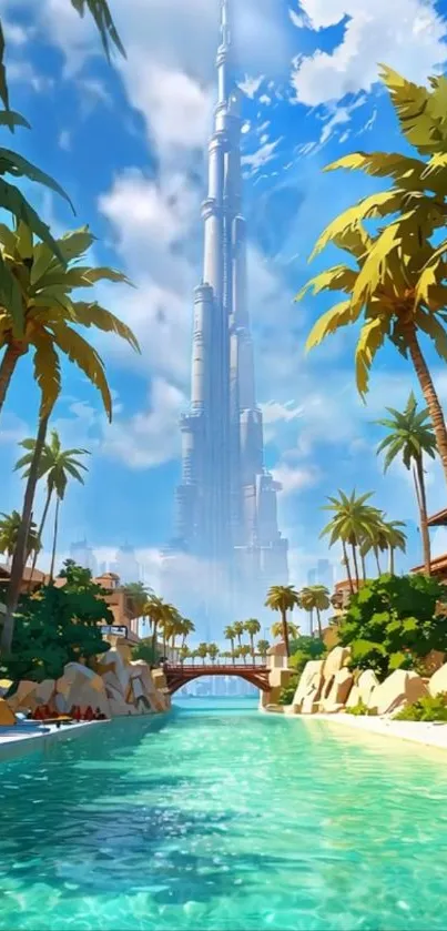 Tropical cityscape with palm trees and skyscraper under blue sky.