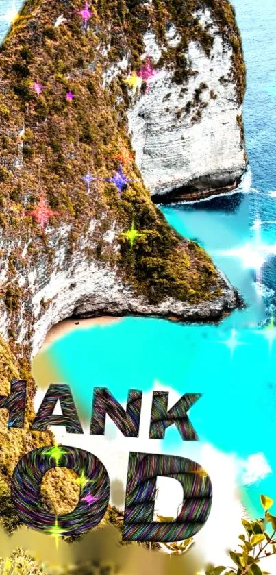 Tropical cliffside with sparkling ocean view and 'Thank God' text.