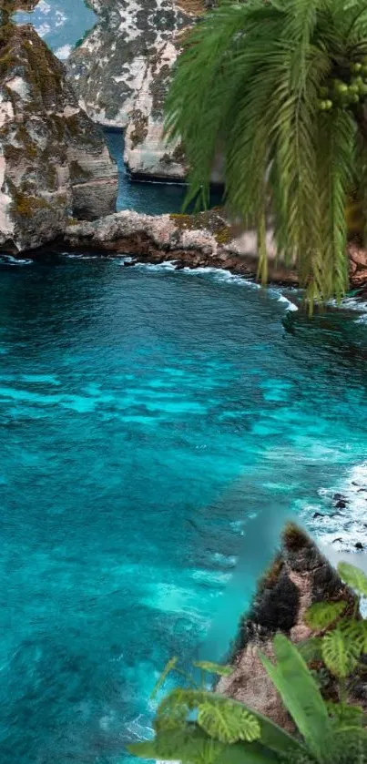 Tropical coastal scene with cliffs and turquoise waters.