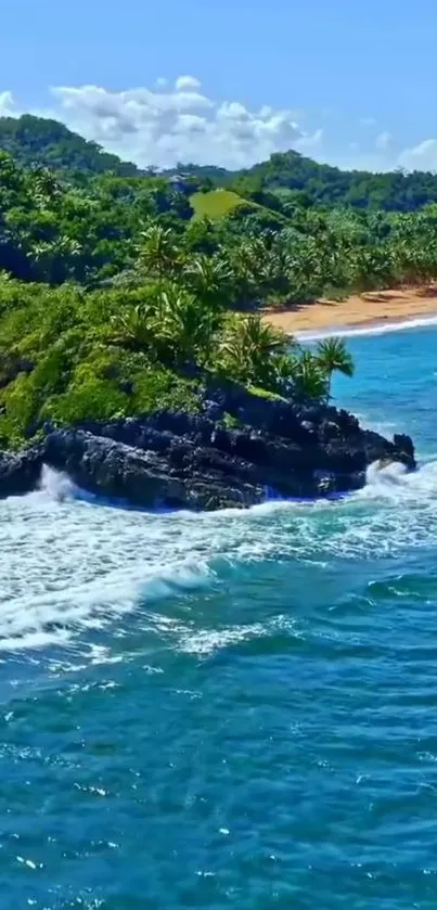 Tropical coastline with lush greenery, rocky cliffs, and blue ocean waves.