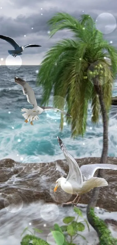 Tropical coastline wallpaper with palm tree and ocean waves.