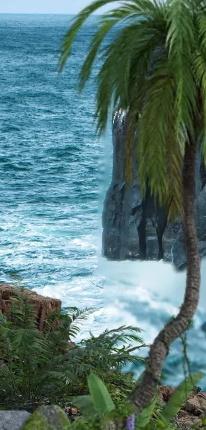 Tropical coastline with palm trees and ocean waves.