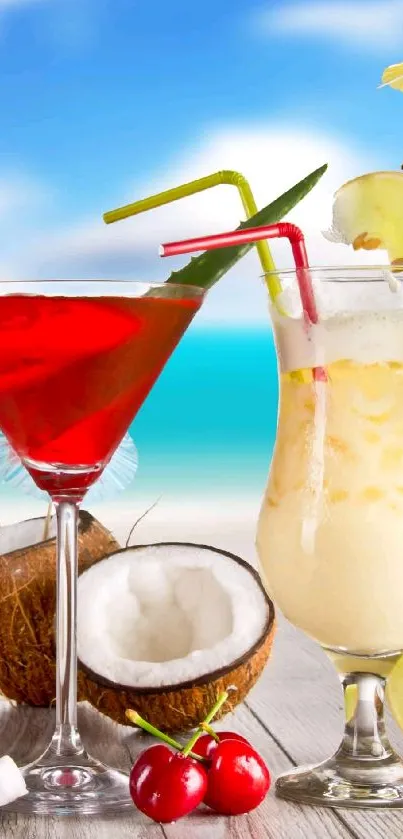 Colorful tropical cocktails on beach backdrop.