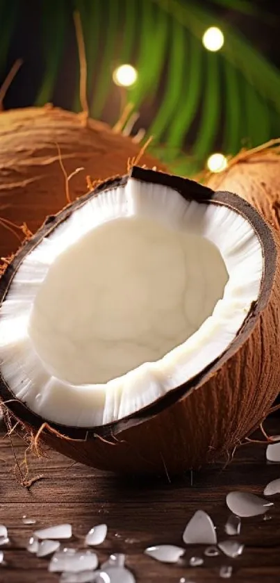 Halved coconut with shells on a wooden surface with greenery.