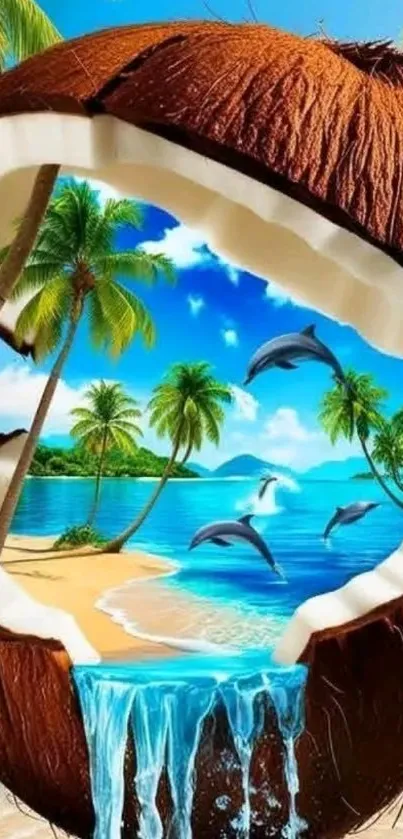 Tropical scene within a split coconut, featuring palm trees and dolphins.