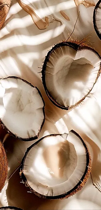 Sunlit coconut halves on a beige backdrop.