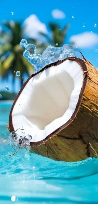 Tropical coconut splashing in turquoise water with palm trees in the background.