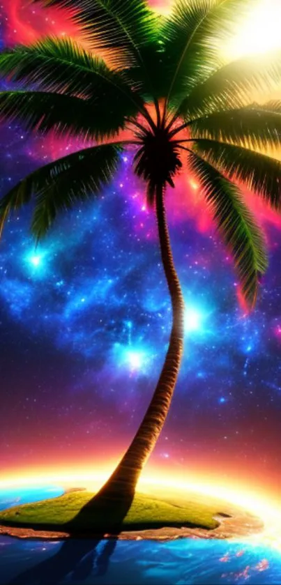 Cosmic tropical island wallpaper with a palm tree silhouetted against a vibrant galaxy.