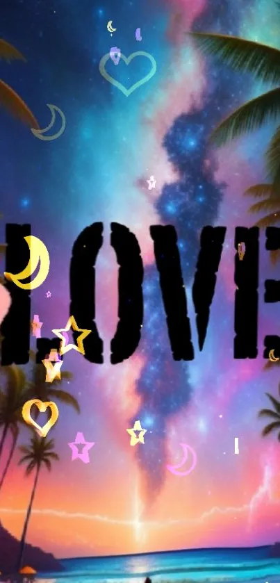 Cosmic love wallpaper with palm trees and vibrant galaxy.