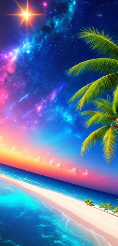 Tropical beach sunset with cosmic sky and palm trees, vibrant and serene.
