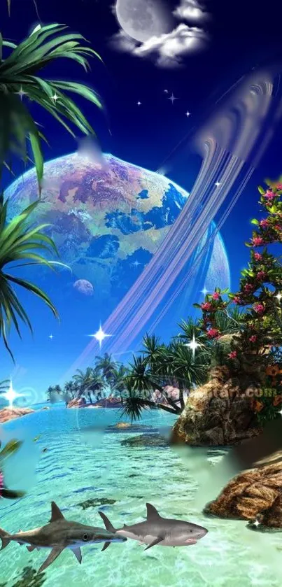 Tropical paradise with sharks under cosmic sky