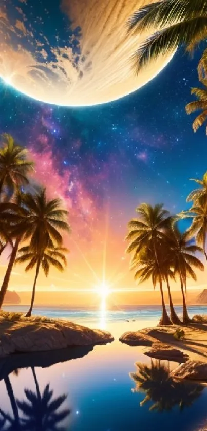 Tropical sunset with palm trees and cosmic sky in vibrant colors.