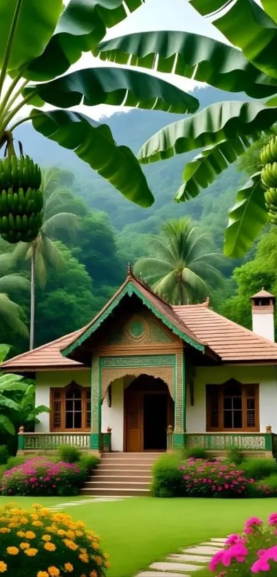 Tropical cottage surrounded by lush greenery and vibrant flowers.