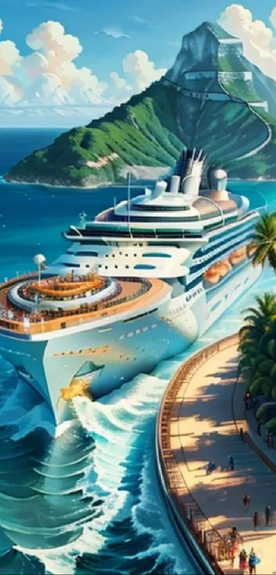 Tropical paradise with cruise ship and island.