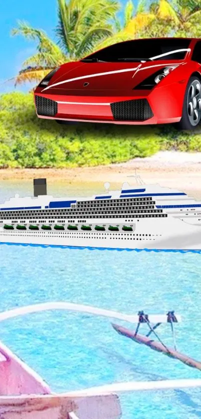 Luxury sports car and cruise ship on a tropical beach background.