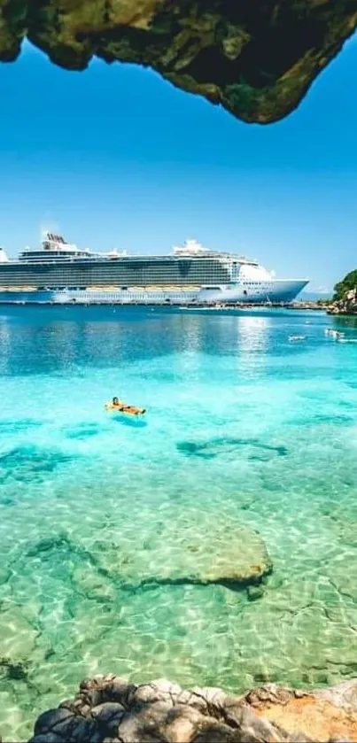 Tropical cruise ship on turquoise ocean with lush island view.