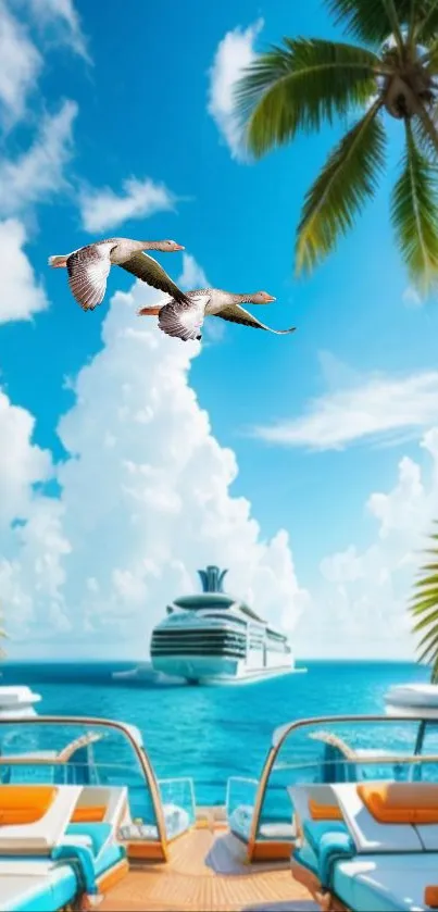 Luxury cruise ship with palm trees and ocean view wallpaper.