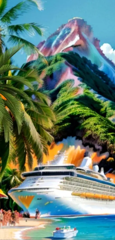 Tropical mountain and cruise ship wallpaper with vibrant colors.