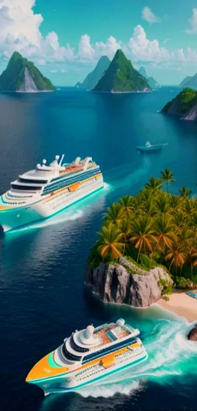 Tropical cruise ships near island with turquoise sea and lush greenery.