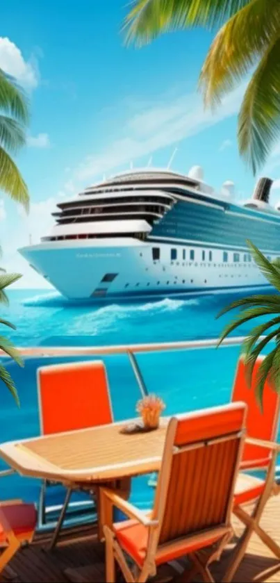 Tropical cruise ship wallpaper with palm trees and ocean.