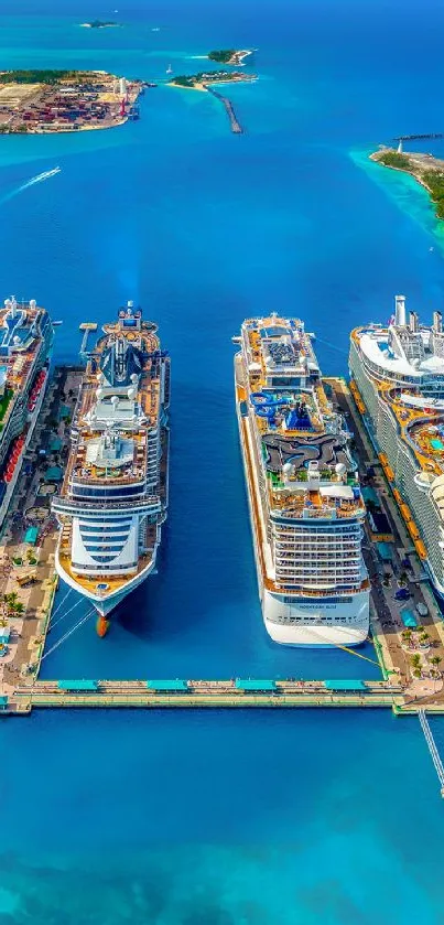 Aerial view of cruise ships docked at a tropical island harbor.