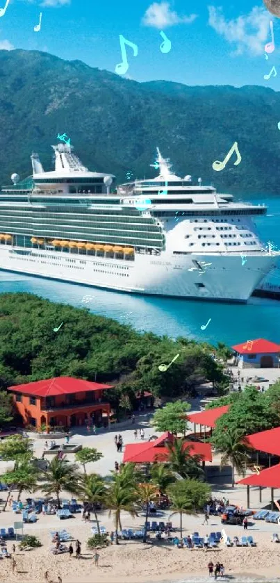 Cruise ship by tropical island beach with palm trees.