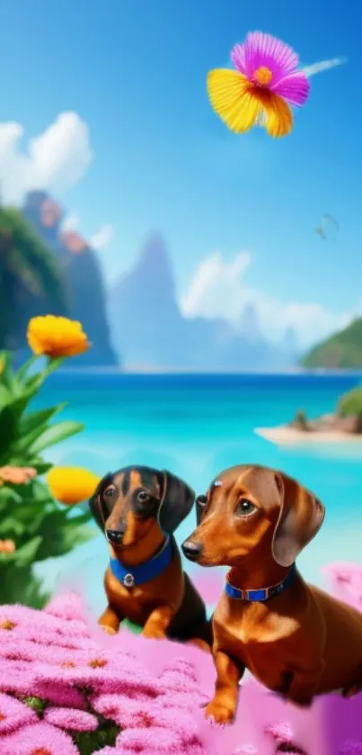 Cute dachshunds on tropical beach with flowers.