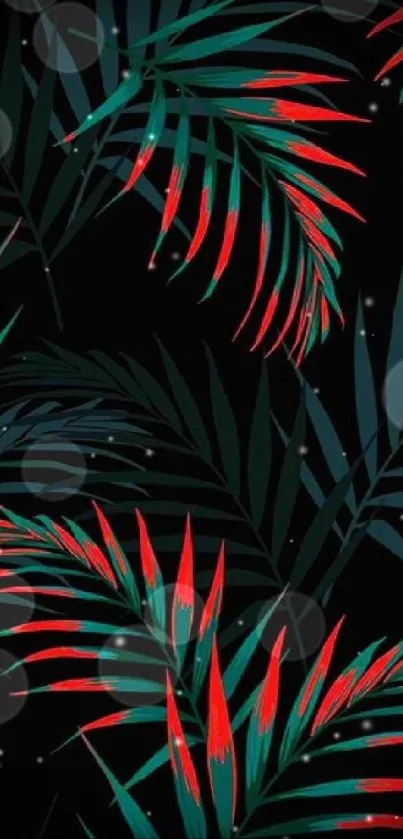 Tropical wallpaper with red and green leaves on a dark background.