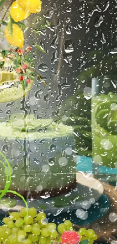 Tropical lime cake surrounded by fruit in a jungle setting.