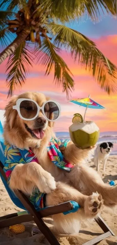 Dog in sunglasses on a tropical beach with a coconut drink at sunset.