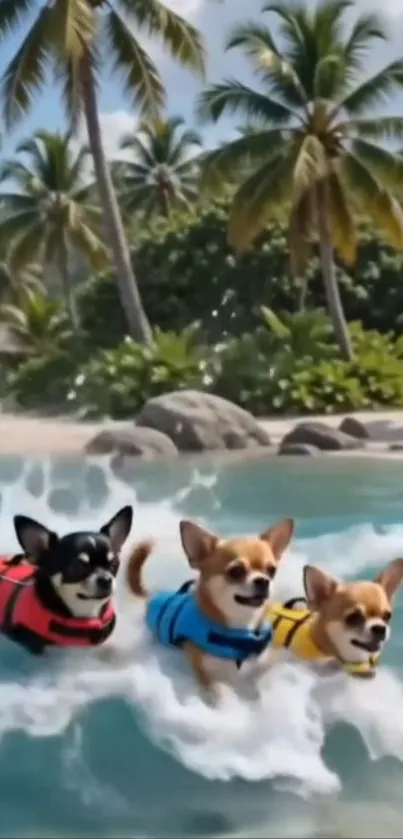Three dogs in life jackets enjoying waves on a tropical beach.