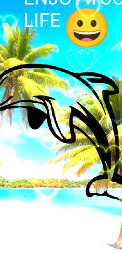 Tropical beach with palm trees, dolphin, and sun emoji.