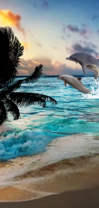 Tropical beach with dolphins jumping at sunset over turquoise waves.