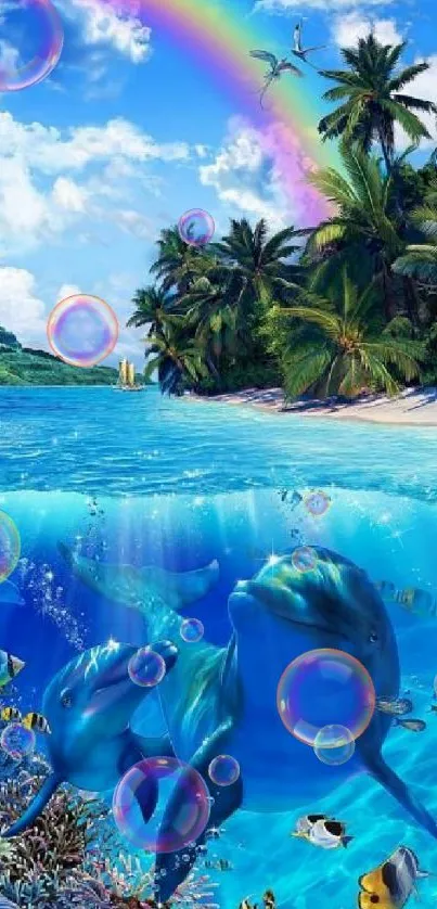 Vibrant tropical scene with dolphins and rainbow in ocean.