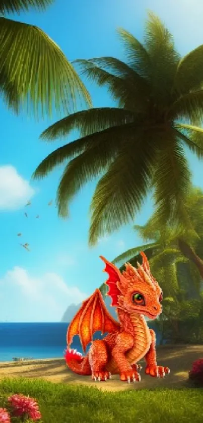 Vibrant dragon at a tropical beach with palm trees and blue skies.