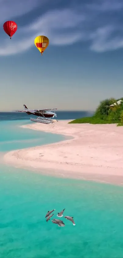 Scenic tropical beach with turquoise ocean, hot air balloons, and seaplane.