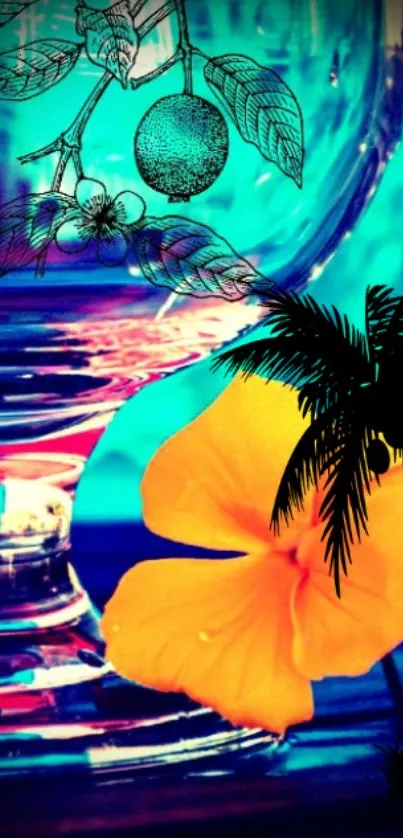 Tropical themed phone wallpaper with palms and flowers in vibrant colors.