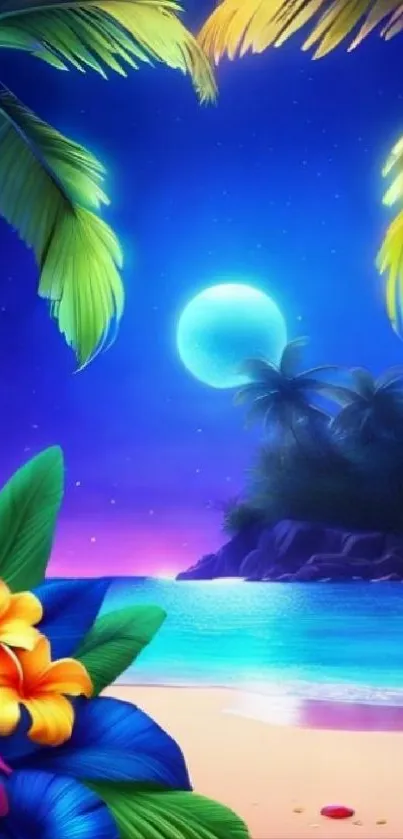 Tropical beach under moonlight with palms and vibrant flowers.