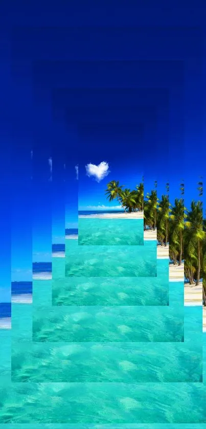 Tropical beach geometric mobile wallpaper with azure sky and palms.