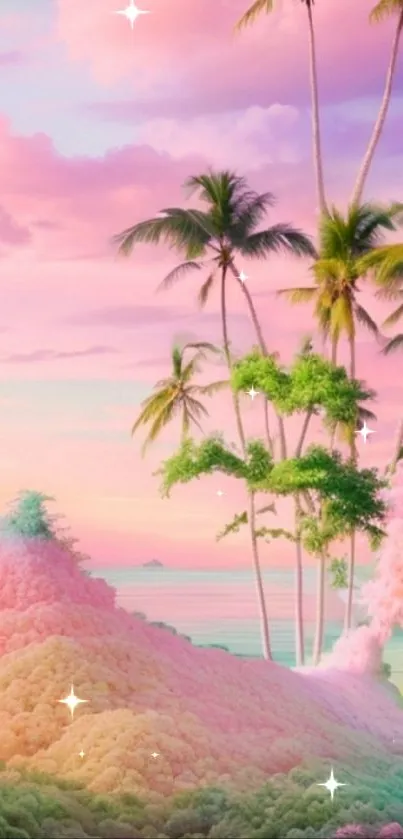 Colorful tropical landscape with pastel skies and palm trees.